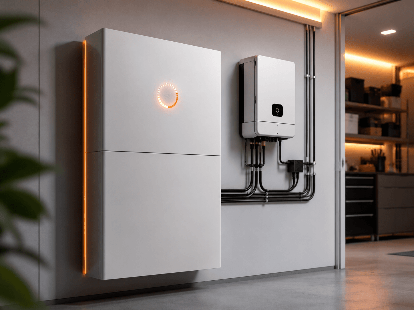 Moderner Batteriespeicher mit Wechselrichter, sauber an der Wand eines Hauswirtschaftsraums montiert