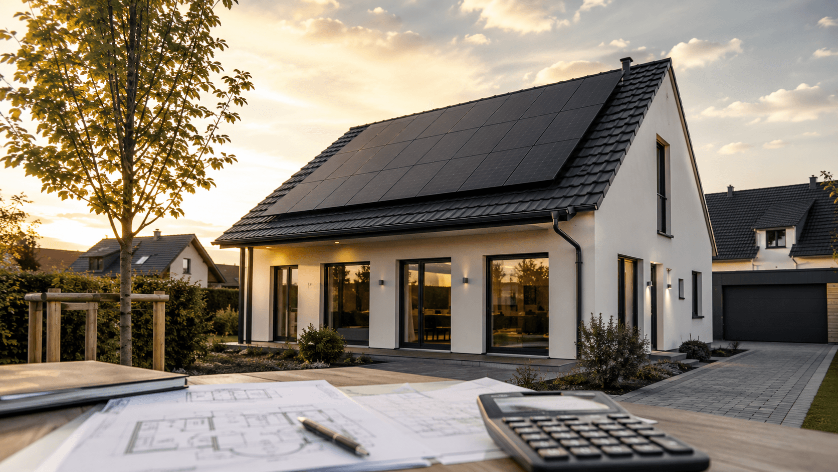 Modernes Einfamilienhaus mit Full-Black-Photovoltaikanlage, im Vordergrund Baupläne und Taschenrechner zur Kostenplanung